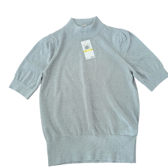 Michael Kors Lurex Silver Mock Neck Short Sleeve Sweater NWT Sz M - Picture 6 of 7